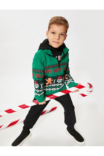 Koton New Year Themed Sweatshirt Stand Collar Half Zipper Printed Ribbon