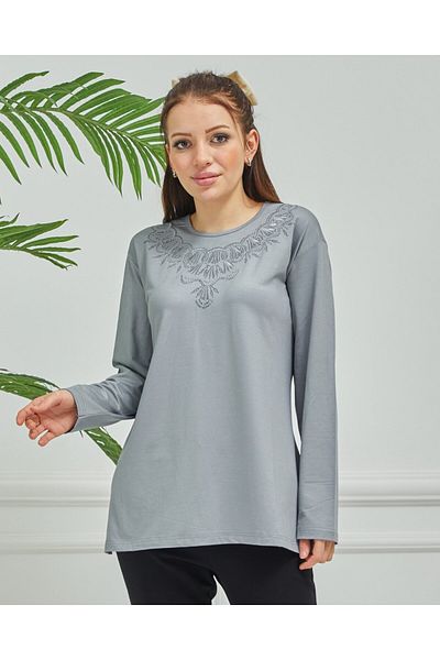 Fresh&Moda Women's Embroidered Mother Daily Middle Age Combed Cotton Blouse