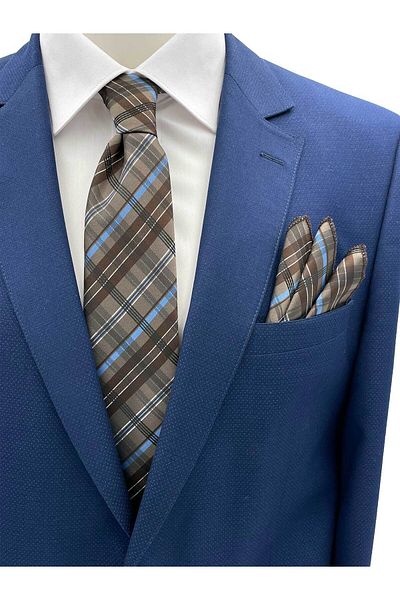 Brianze Brown Blue White Plaid Pattern Tie Handkerchief Set