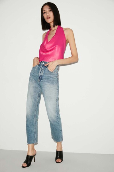 GRIMELANGE Dámská saténová fuchsiová halenka s límečkem Dagaje Emmy