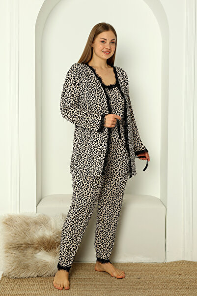 nisaNCa Дамски пижамен комплект от 3 части с халат и кутия за зестра - Дантелена дамска пижама с кутия - голям размер