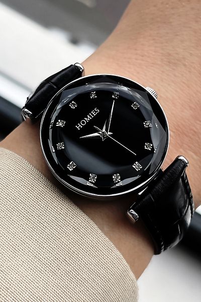 Homies Women's Wristwatch 3 Atm Waterproof Black Color Leather Cord + Bracelet Gift HMBY2026C2