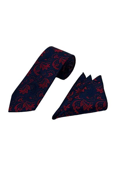 Brianze Navy Blue Red Motif Pattern Tie Handkerchief Set