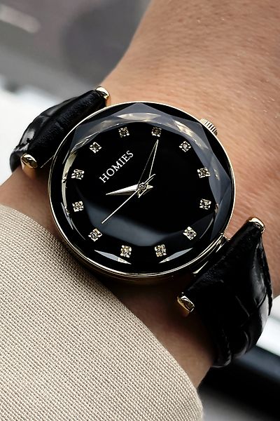 Homies Women's Wristwatch Cut Glass Waterproof Black Color Leather Cord Bracelet Gift Hmby2026c3