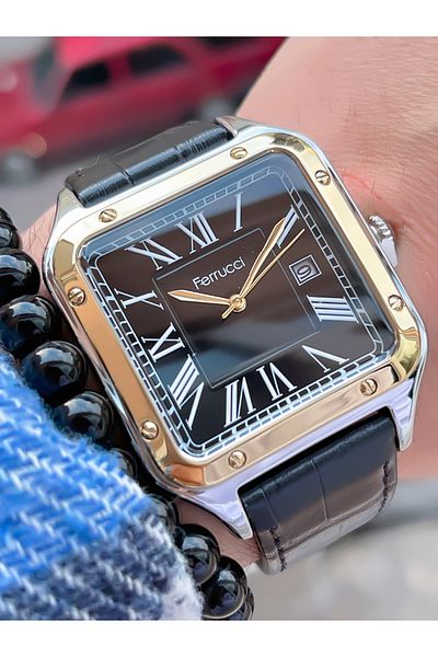 Ferrucci FERRUCCİ SQUARE MODEL CALENDAR LEATHER CORD MEN'S WRISTWATCH + BRACELET GIFT