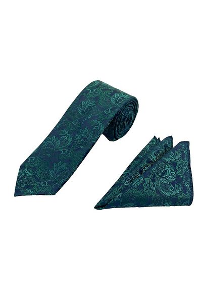 Brianze Navy Blue Green Motif Pattern Tie Handkerchief Set