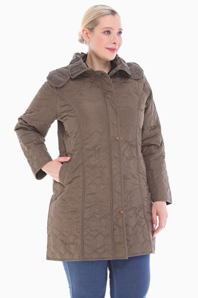 VETRE Women's Large Size Hooded 95 Cm Khaki Quilted Coat 1016