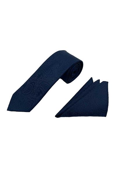 Brianze Navy Blue Shawl Pattern Tie Handkerchief Set