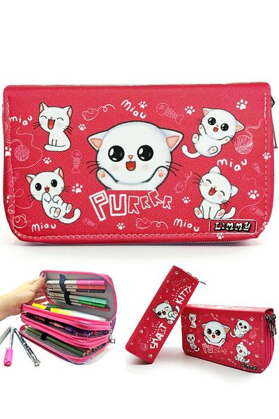 Limmy Μολυβοθήκη White Cat Kawai Organizer Μολυβοθήκη Vegan Δερμάτινη θήκη για στυλό τριών διαμερισμάτων
