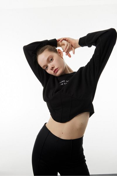 Mood Lab Crop Slogan Printed Sweatshirt with Waist Corset Detail