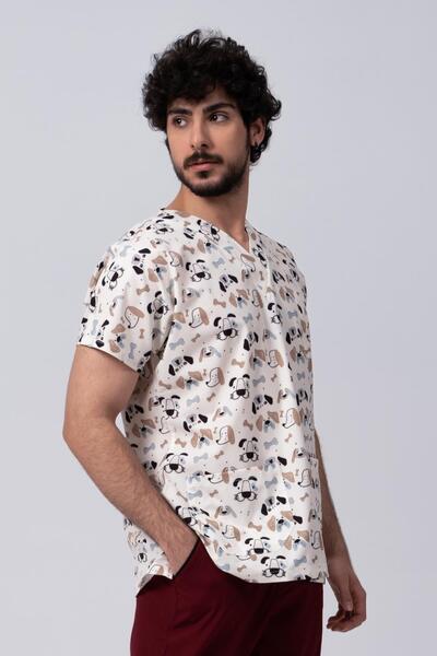 Medikal Dolap Pios Erkek Kemik Köpek Desenli Likralı Üniforma-Scrubs-Tek Üst