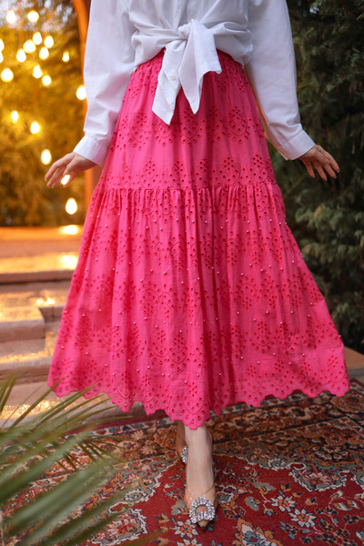 PİNK FLY Embroidery Lace Scallop Pearl Women's Skirt