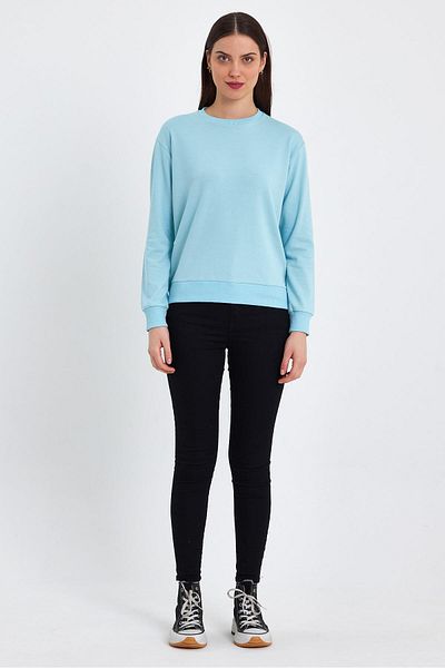 FİHA Fiha/5011-sweat pentru femei din bumbac pieptănat Lycra cu gâtul rotund - albastru gheață
