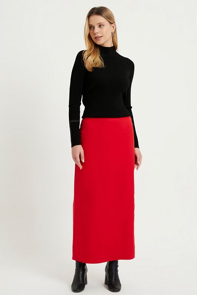 NPRIVE Hijab Closed Slit Long Straight Red Pencil Skirt