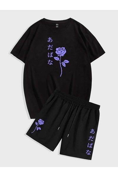 Sky Light Unisex Printed Black T-Shirt - Black Shorts Set
