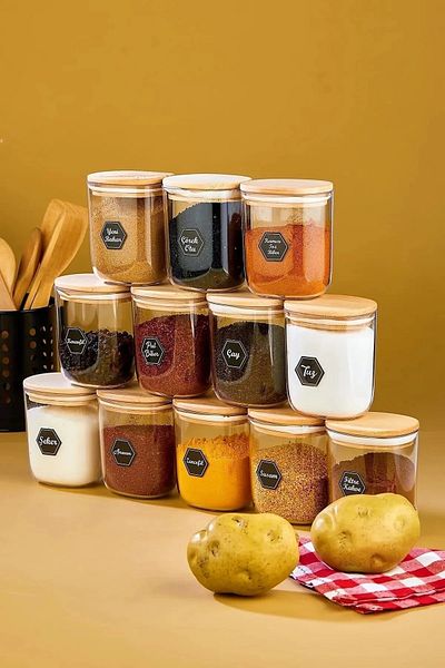 ŞAKİLATA CONCEPT 12-Piece Mica Drip Spice Jar Set with Wooden Lid 400 Ml Leakproof Acrylic Jar Set