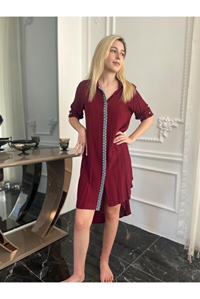 Bohemian Women's Burgundy Asymmetrical Shirt Dress