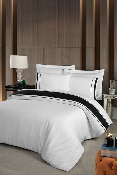 Silkarea Truva 100% Cotton Satin Duvet Cover Set – Fitted Sheet, Double, White-Black