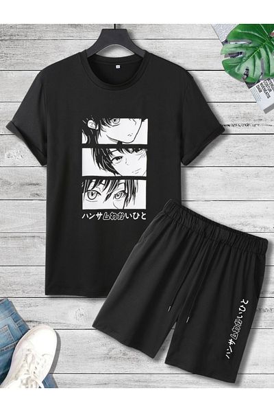Sky Light Unisex Anime Printed Black T-Shirt - Set with Black Shorts