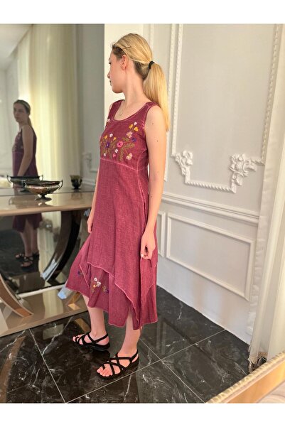 Bohemian Kadın Organik Kolsuz Nakışlı Uzun Otantik Elbise