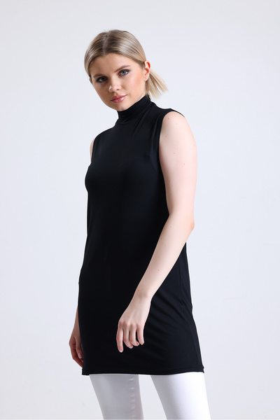 Elia Moda Tunica neagră pentru femei, cu decolteu, cu mâneci zero