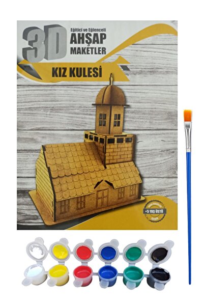 O&S Oyun ve Sanat Eğlen-Üret Ahşap Boyama Seti, Kız Kulesi Seti, (3d Ahşap Maket), 6'lı Boya, Fırça