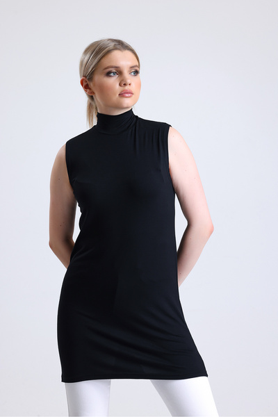 Elia Moda Tunica neagră pentru femei, cu decolteu, cu mâneci zero