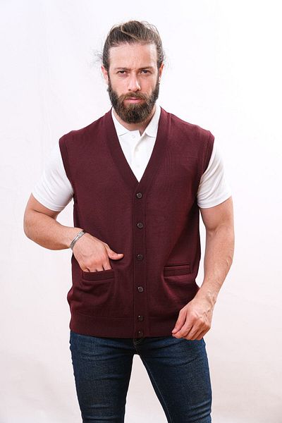 Çukurova Woolen Men's Knitwear Vest - Claret Red