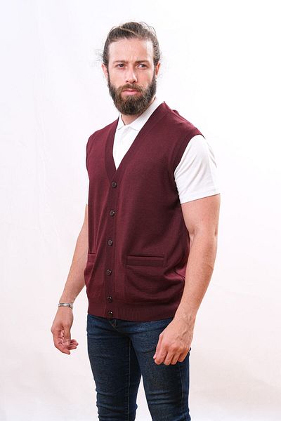 Çukurova Woolen Men's Knitwear Vest - Claret Red