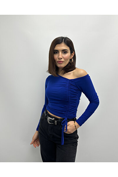 deqfashion Saks Mavisi Sandy Ön Büzgülü Bluz