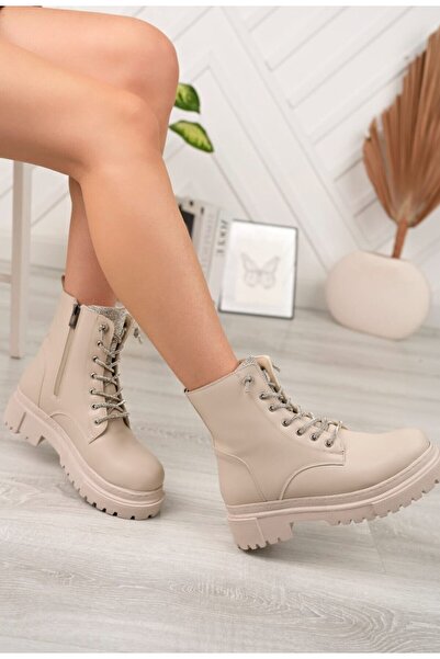 Mağaza Dünyası Kadın Bej Taşlı Süslemeli Yandan Fermuarlı Içi Yünlü Su Geçirm...