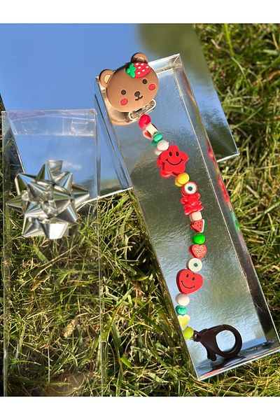 QUEEN AKSESUAR Trend Cute teddy bear with gift boxed boy girl baby pacifier chain strap with evil eye beads