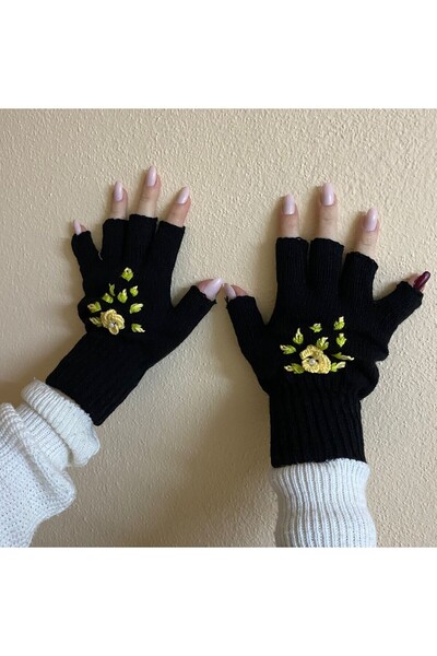 sema aksesuar Handmade Pearled Flower Embroidered Cut Fingers Gloves - Finger...