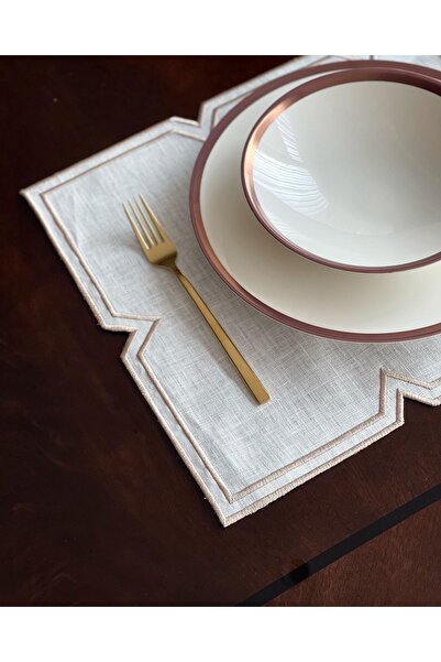 QBR Home Nakışlı Keten Amerikan Servisi. Kahve