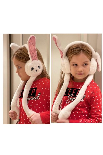 QUEEN AKSESUAR Shield Moving Ears Plush Rabbit Earmuff Scarf Glittered Ear White