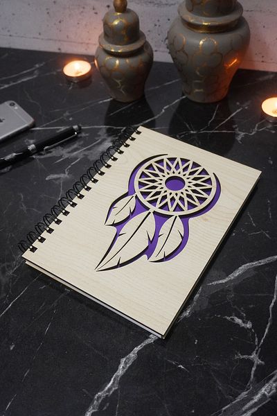 markcat Dream Catcher Patterned Wooden Cover Notebook - Agenda - Diary - Unlined Notebook - Notepad