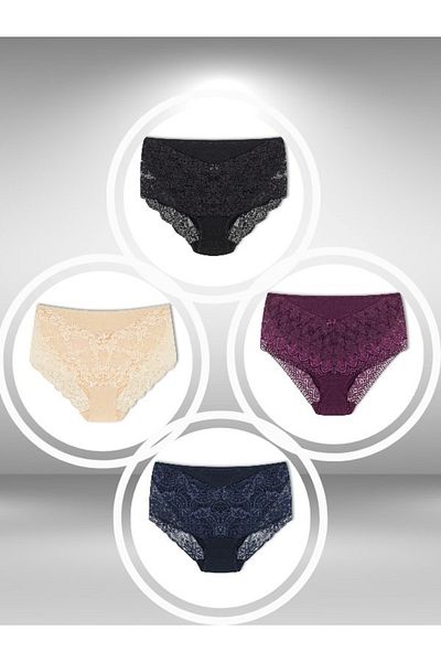 ŞahTan Large Size Cotton 4 Pack Bato Women's Panties with Lace Front and Back