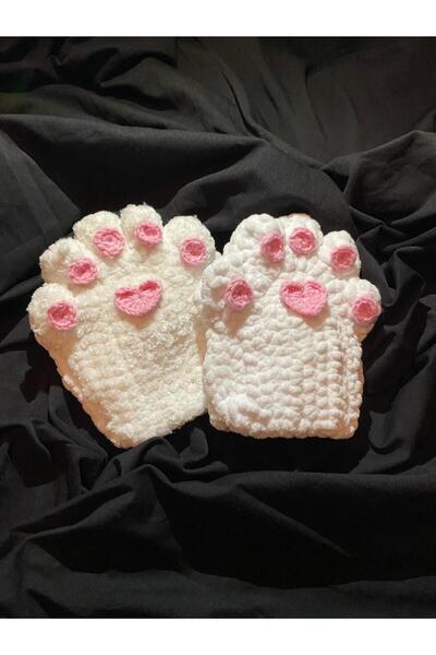 Falez Dekorasyon 6-12 Yaş El Örmesi Kadife İp Kışlık Çocuk Yarım Eldiven Pati...