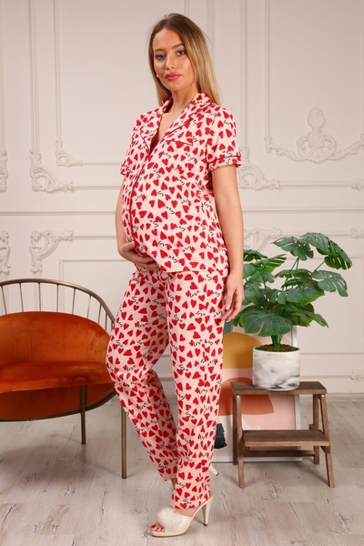 LadyMina Pijama Red Maternity and Maternity Combed Cotton Pajamas Set - Hearted Double Set