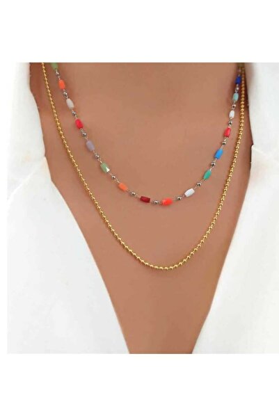 Zclass ÇELİK KOLYE BORU BONCUKLU GOLD VE GOLDROSE