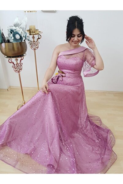 FERGAN Kadın Gül Kurusu Tek Omuz Abiye Elbise