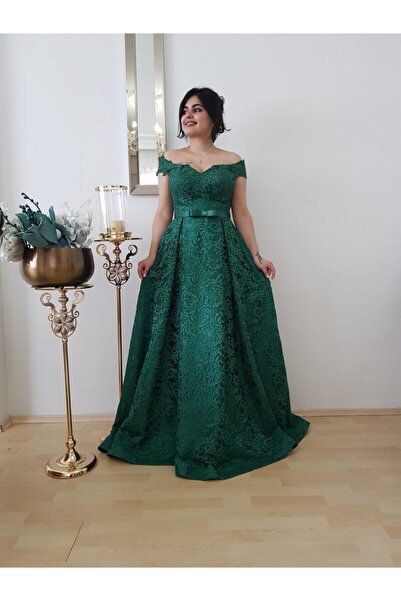 FERGAN Kadın Yeşil Güpür Kayık Yaka Özel Tasarım Nişanlık Abiye Elbise