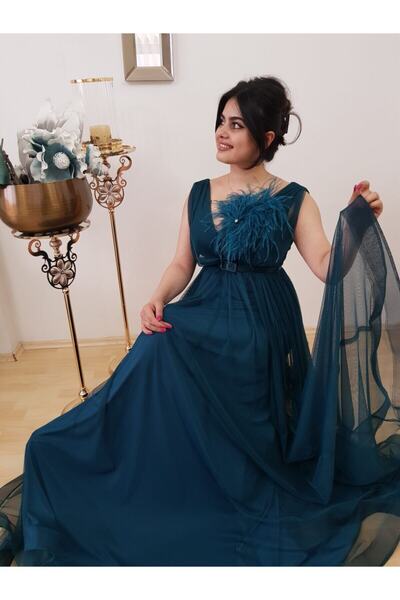 FERGAN فستان سهرة نسائي من الشيفون الأخضر مزين بالريش