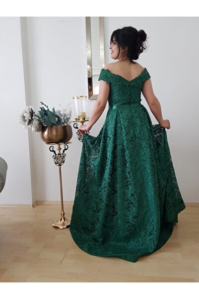 FERGAN Kadın Yeşil Güpür Kayık Yaka Özel Tasarım Nişanlık Abiye Elbise