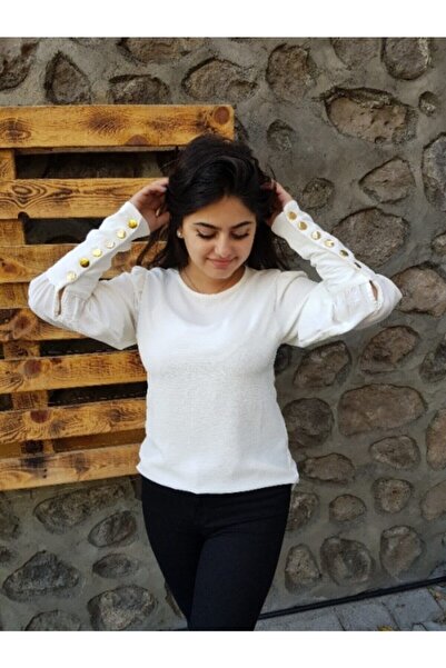 FERGAN Women's White Back And Sleeve Metal Buttoned Blouse