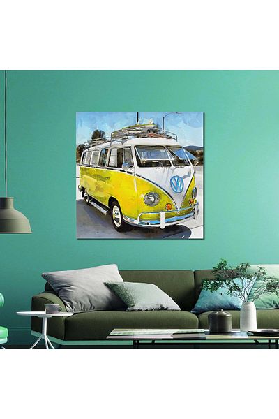 SML TABLO Κίτρινο Hippie Minibus Freedom Decor Τετράγωνος πίνακας σε καμβά με εφέ ελαιογραφίας