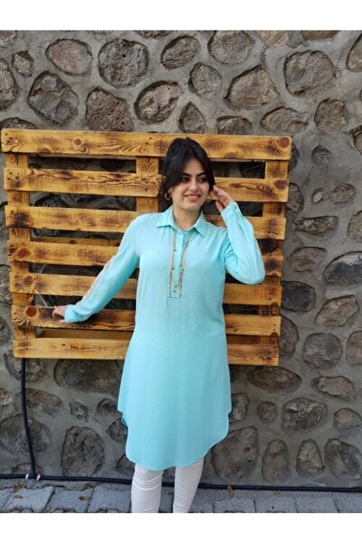 FERGAN تونيك نسائي بأكمام فيروزية وتفاصيل من التول