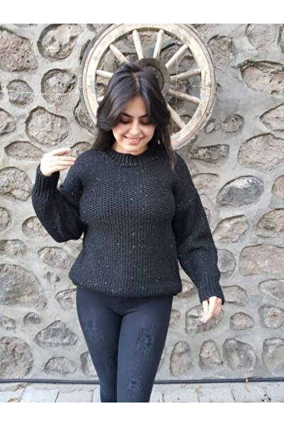 FERGAN Kadın Siyah Simli Kazak