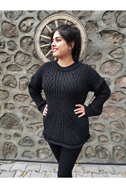 FERGAN Kadın Siyah Simli Triko Kazak