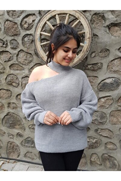 FERGAN سترة تريكو رمادية مفتوحة الكتف للنساء